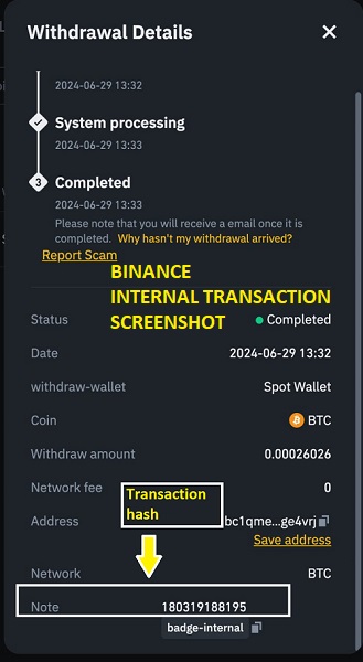 Binance internal transaction